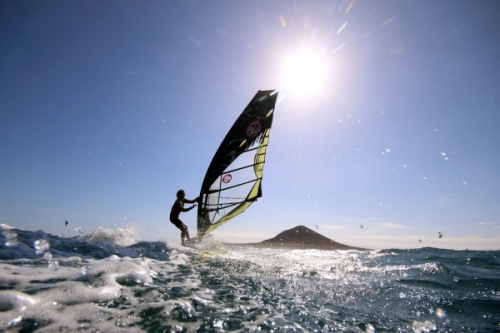 Slalom windsurfing at Playa Tejita in El Medano 11-02-2016